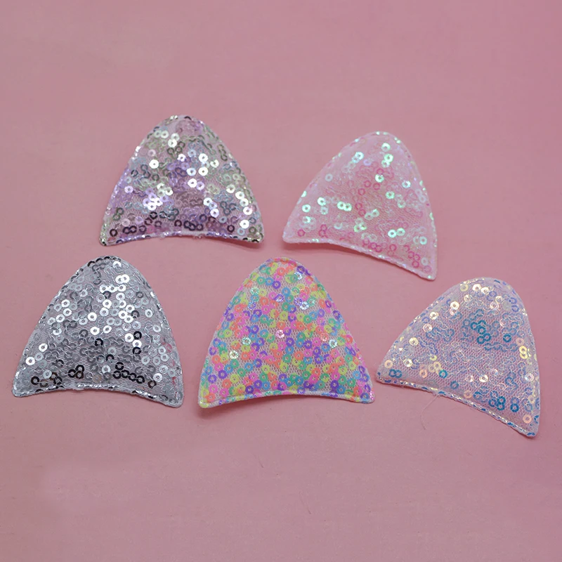5.8*5.5cm 30pcs/lot Sequin cat Ear Padded Applique for DIY Children Hair Accessories, Appliques For Clothes Sewing Supplies