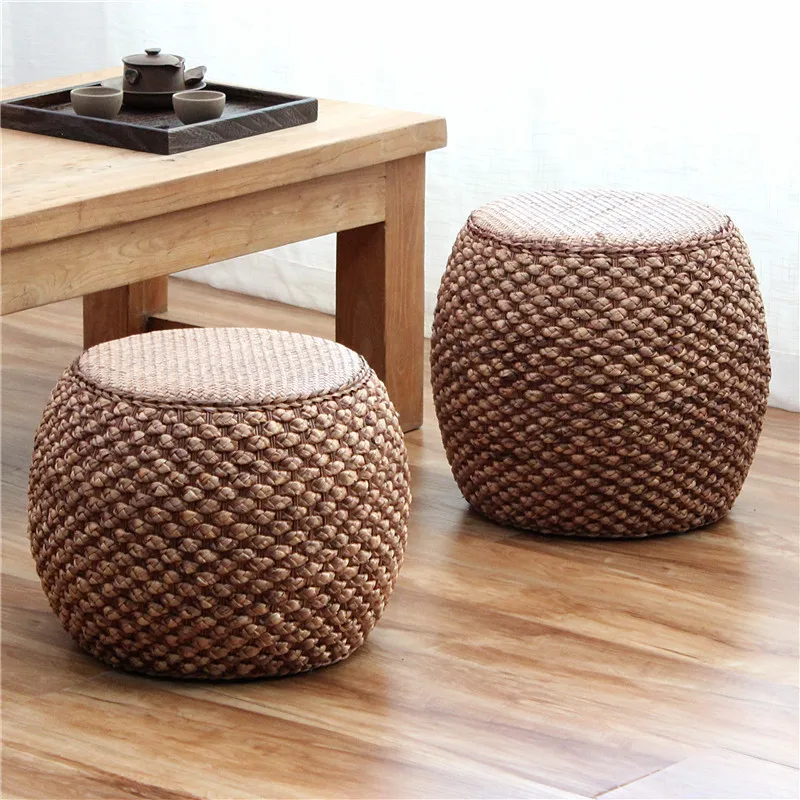 Furniture Rattan Small Stool Round Solid Wood Tea Table Stool Drum Type Sitting Pier Retro Sofa Stool Living Room Small Stool