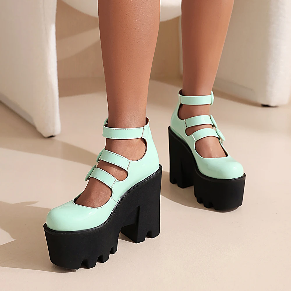 Three Rows Of Round Buckle Super High Wedges Sexy Women's Pumps Bright Patent Leather Super High Platform Women's High Heels