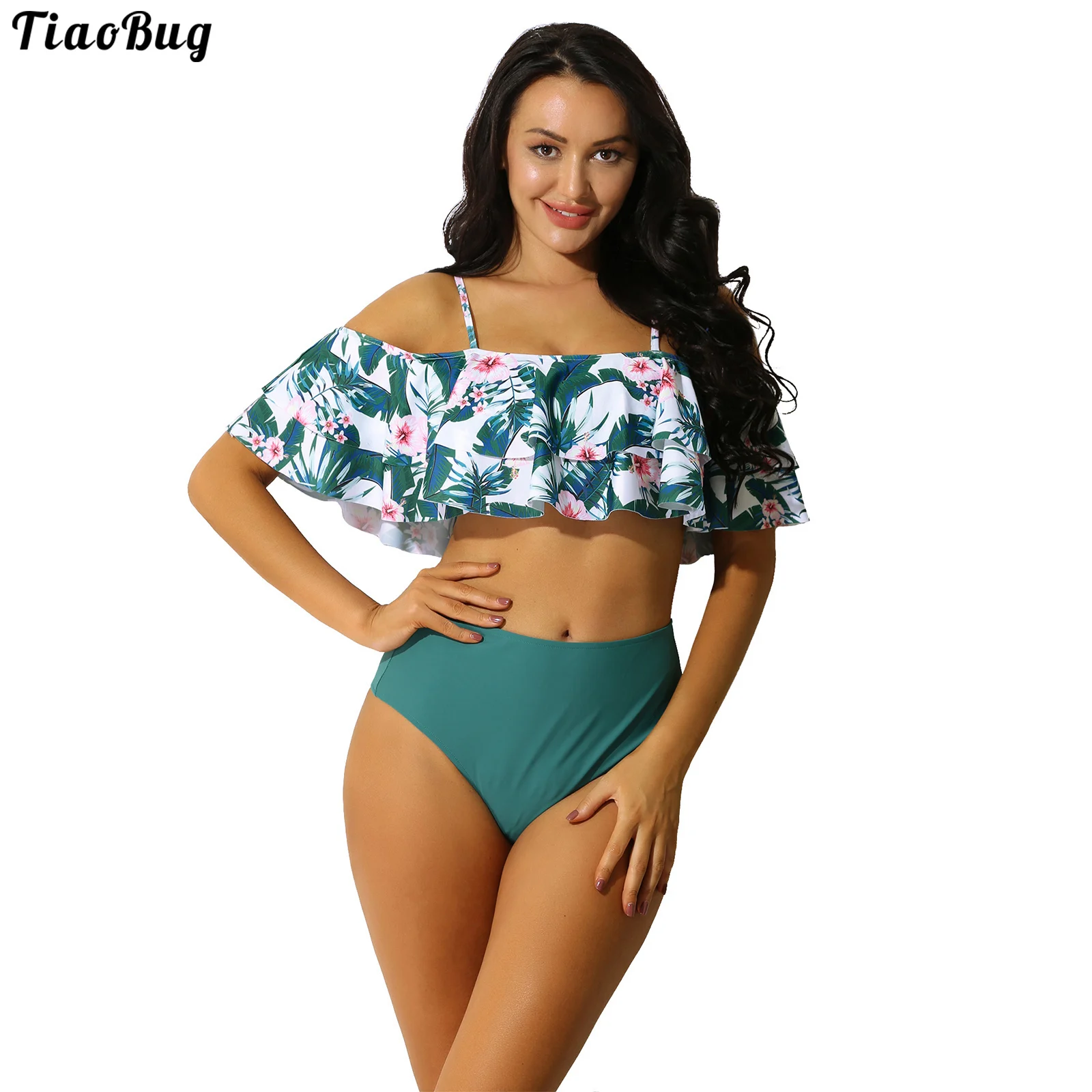 TiaoBug Summer Women 2Pcs Floral Print Swimsuit Bathing Suits Set Off Shoulder Ruffle Top High Waist Bikini Thong Beachwear