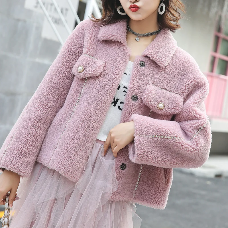 

Winter Women High Quality real lambswool Fur OverCoats Luxury Short casual Thick Warm Plus Size Female 2019 pink free ship