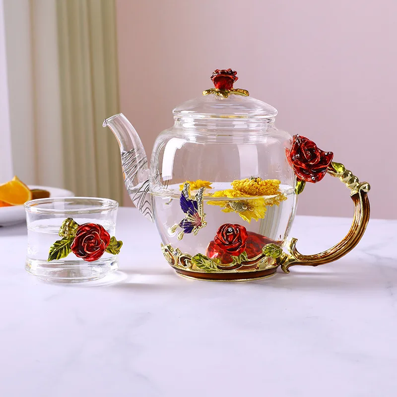 

Creative Flower Zhengyan Handmade Enamel Kung Fu Tea Heat-resistant Glass Teapot Household Flower Tea Cup Business Tea Set