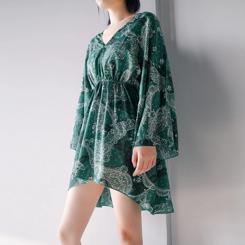 

S004 Yomrzl Spring New women's one-piece printed loose waist thin sleepwear nightgown