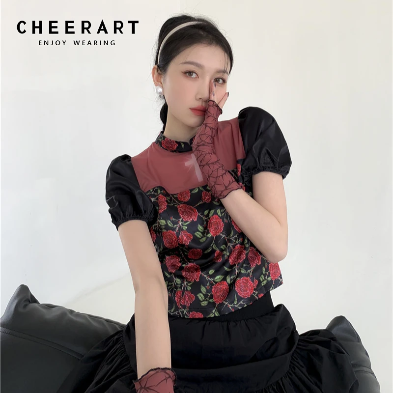 CHEERART Summer 2021 Puff Sleeve Cheongsam Top Rose Floral Print Blouse Crop Top Women Patchwork Peplum Ladies Top Fashion