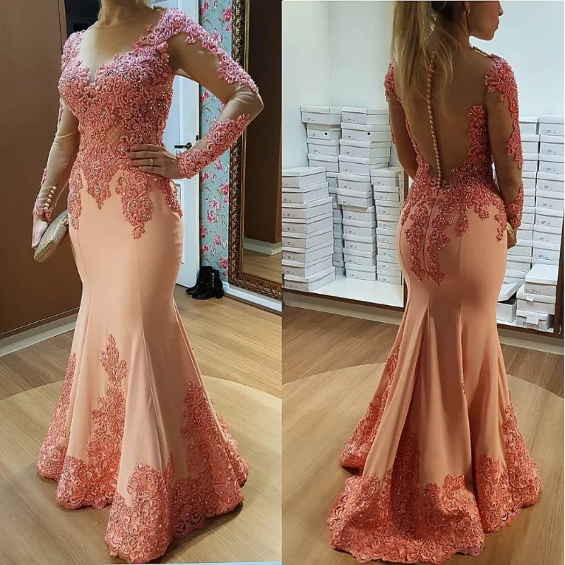 Muslim Long Sleeves Lace Beaded Mermaid Evening Dresses See Through Islamic Dubai Saudi Arabic Long Gown Prom Dress