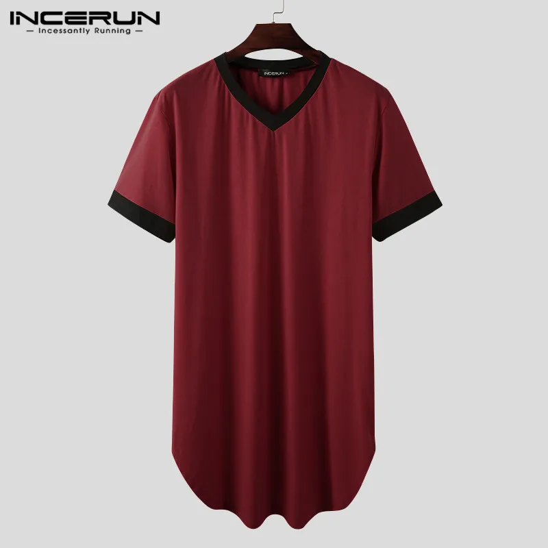 Men Nightgown Sleep Robes Short Sleeve V Neck Loose Comfortable Homewear Patchwork Dressing Gown Men Bathrobes Plus Size INCERUN