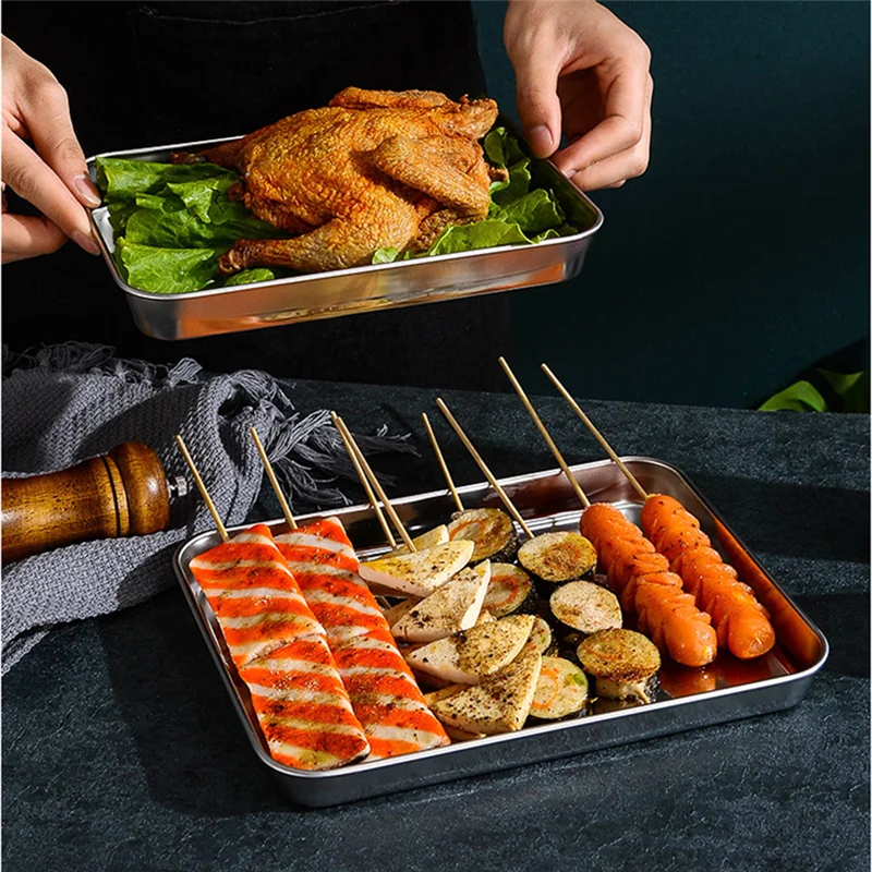 Stainless Steel Thick Food Storage Trays Rectangle Steamed Sausage Dish Restaurant Bread Fruit Plate Kitchen Utensils