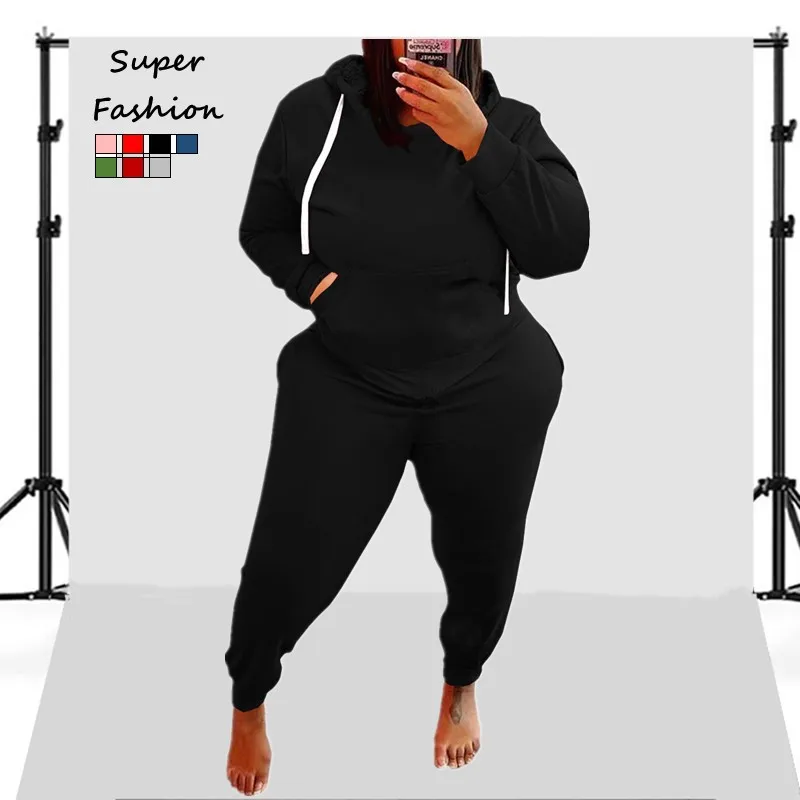 3XL 4XL 5XL Plus Size Sets Women Clothing Solid Color Long Sleeve Hoodies Sport Casual 2 Two Piece Pants Suits Winter Outfits