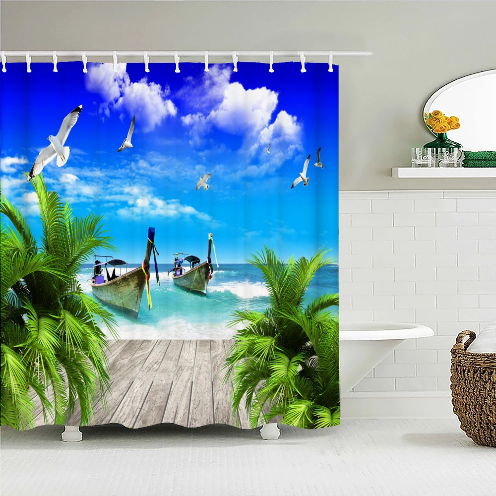 Beach Sea Palm Trees Shower Curtains Scenery Waterproof 3d Bathroom Curtains With Hooks Home Decoration Washable Bath Screen