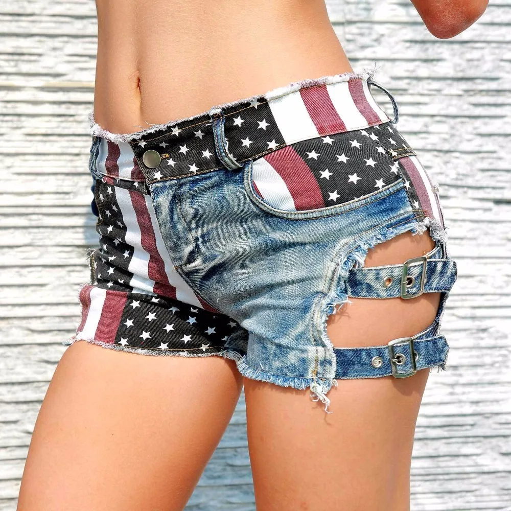 New Sexy Women\'s High Waist Hole Jeans Shorts American Flag Printed Daisy Duke Ripped Denim Shorts  jean shorts