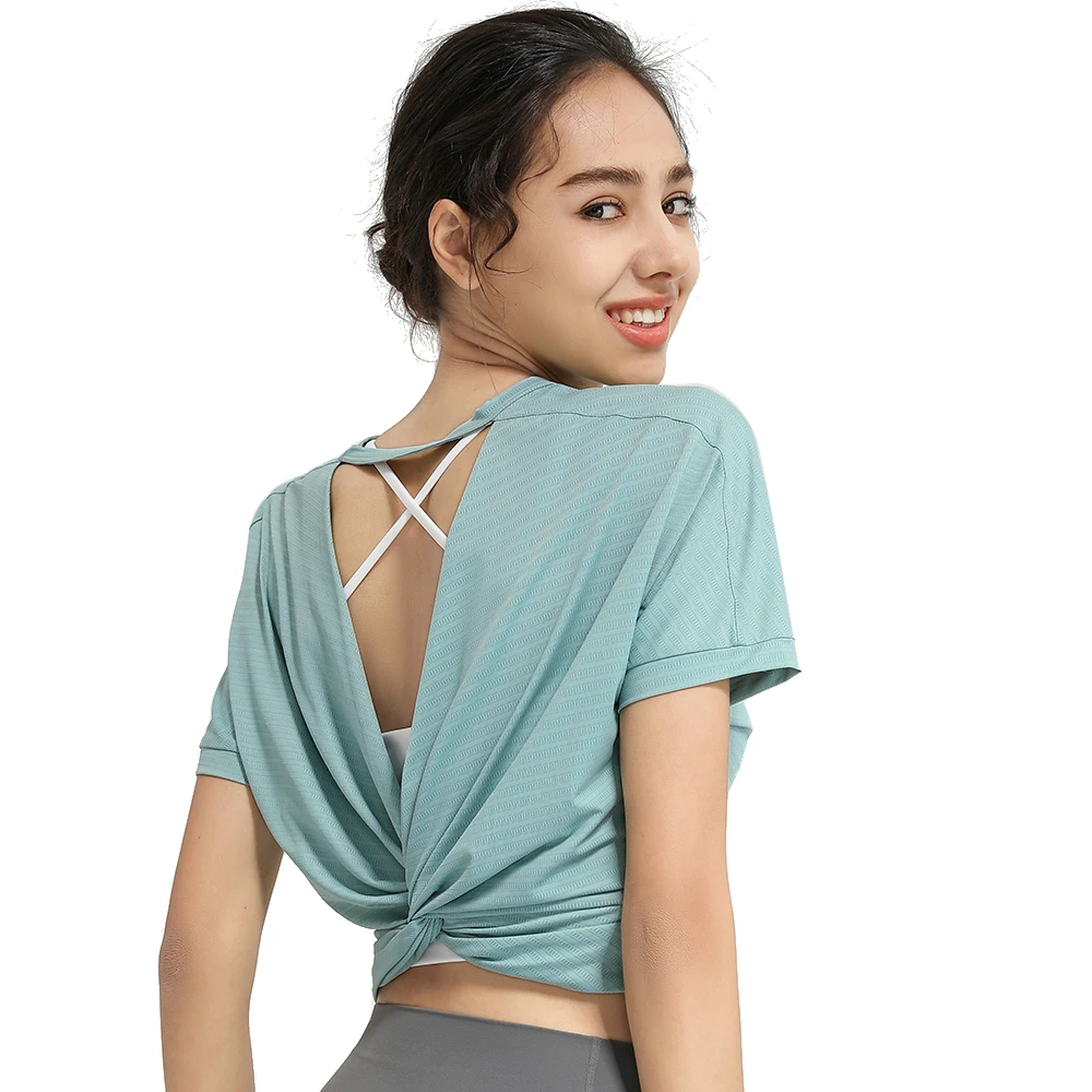 Sports Blouse Woman Casual Crop Top For Fitness Nylon Backless Breathable Gym Jogging Yoga Workout Short Sleeve Yoga Shirts