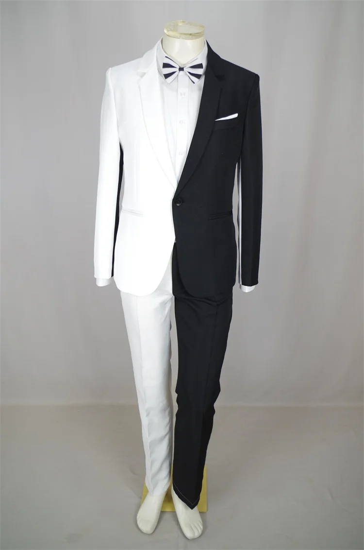 2020 Personality Men Black White Stitching Suits Magician Clown Performance Stage Outfits Nightclub Bar Male Singer Host Costume