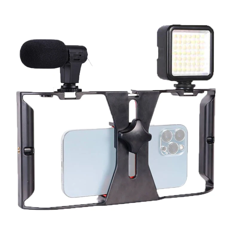 New! LED Microphone Smartphone Video Rig Kit Handheld Mobile Stabilizers links Phone holder Frame Mount for Iphone Film Taking