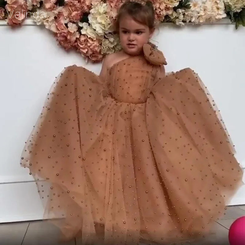 

Платья с перламутровыми цветами для девочек, наряды на одно плечо для конкурса, вечеринки на день рождения, официальная одежда