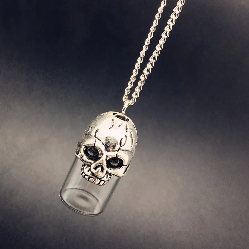 Unique Wish Bottle Necklace Men Skull Pendant Can Open Pet Urn Necklace Hair Collection Collectors Perfume  Bottle Necklace