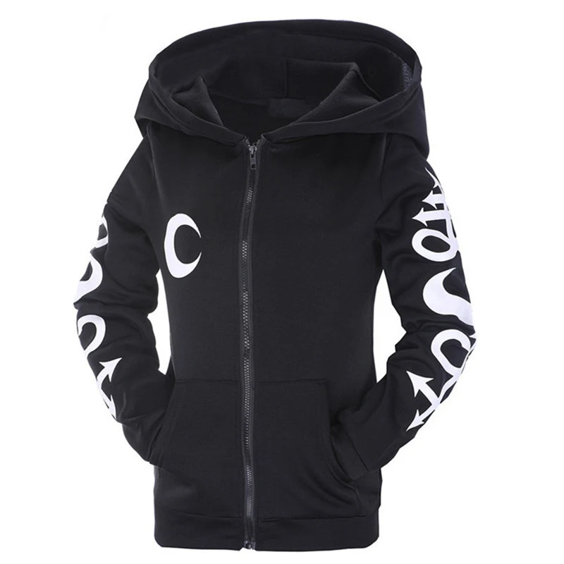 Women Hoodies Halloween Punk Moon Letters Skull Print Sweatshirts Spring Autumn Long Sleeve Black Jacket Zipper Hip Hop Coat