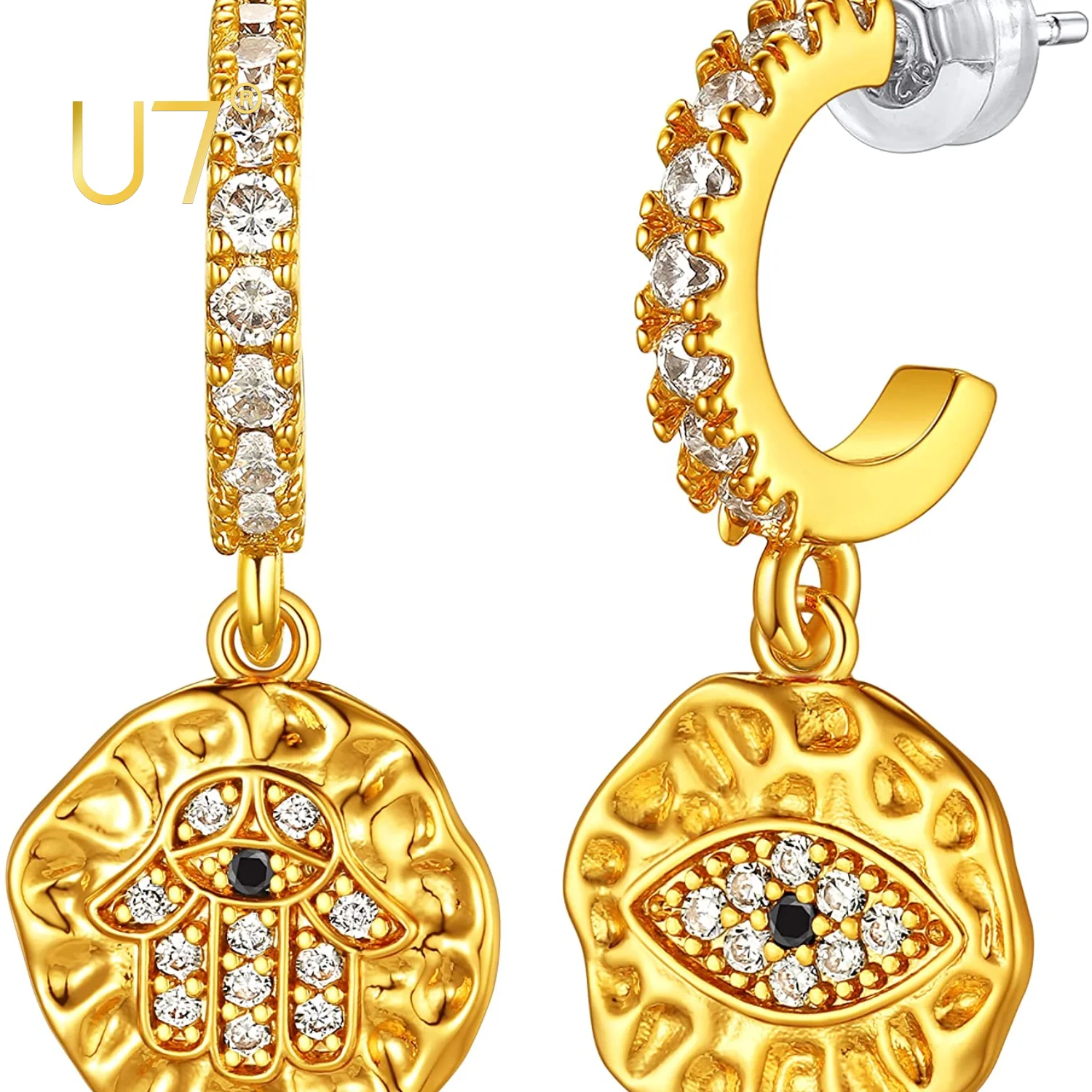 

U7 Hamsa Eye Huggie Hoop Earrings Cubic Zirconia CZ Hand of Fatima Dangle for Women QC24