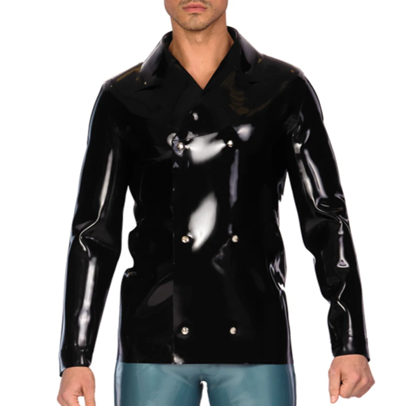 Black Sexy Latex Suit Jacket With Buttons At Front Turn Down Collar Rubber Coat YF-0303