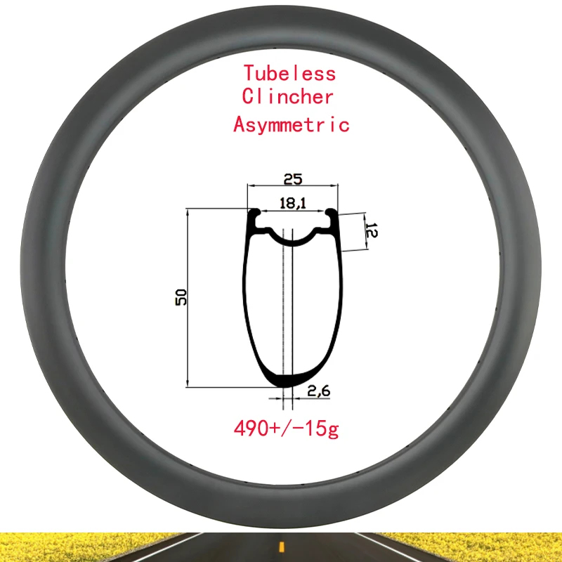 700C 50*25mm Road Bike Asymmetric Carbon Rim 50mm Deep 25mm Wide Disc Tubeless Clincher UD 3K 12K 16 18 20 21 24 28 32 36 Holes