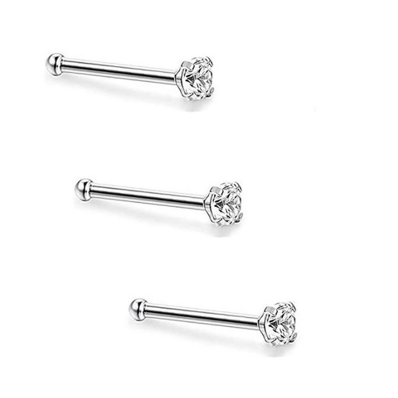 50pcs CZ Gem Nose Stud Screw Surgical Steel Nose Ring Body Piercing 20G L Shape Crystal Clear Zircon Nostril Wholesale