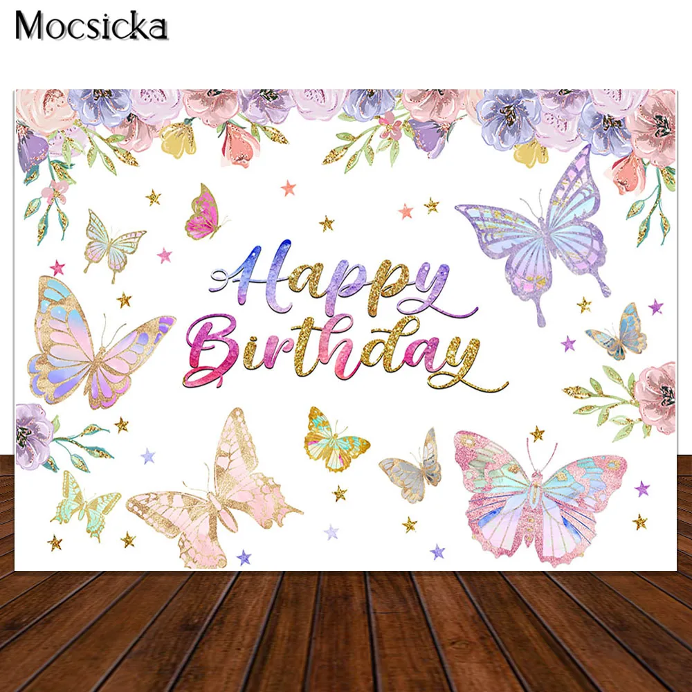 Butterfly Birthday Backdrop Girls Fairy Princess Purple Pink Floral Gold Photography Background Kids Cake Table Banner Decor