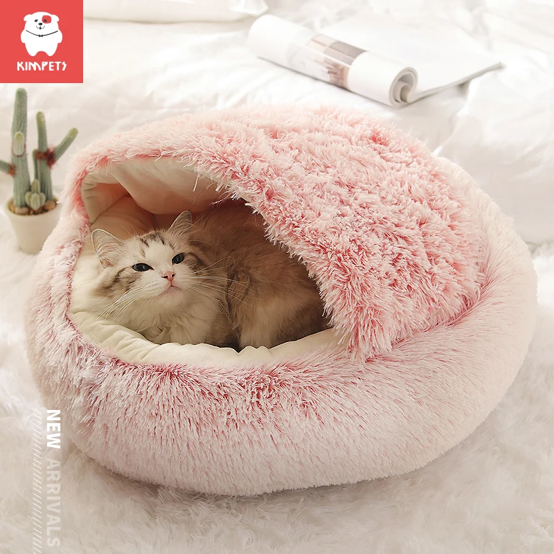 Kimpets Round Cat Beds House Soft Long Plush Winter Cushion Warm Cat BasketSleep Bag Cat Nest Kennel For Small Dog Cat