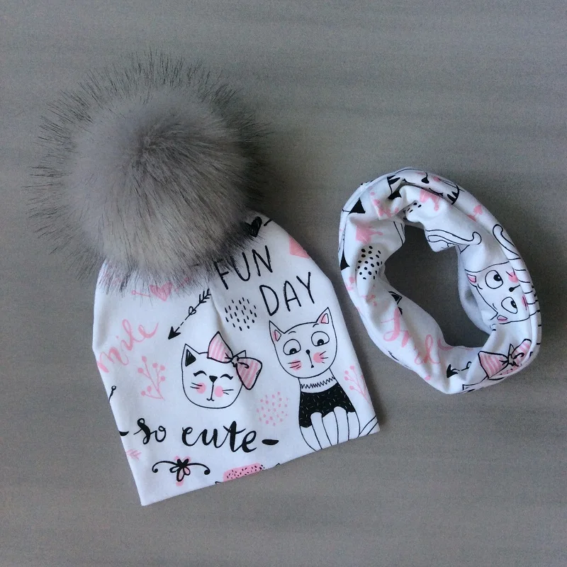 Baby Girls Hat Scarf Cotton Cartoon Printing Hat With Pompon For Girls Winter Children Cap Faux Fur Baby Hat Bonnet