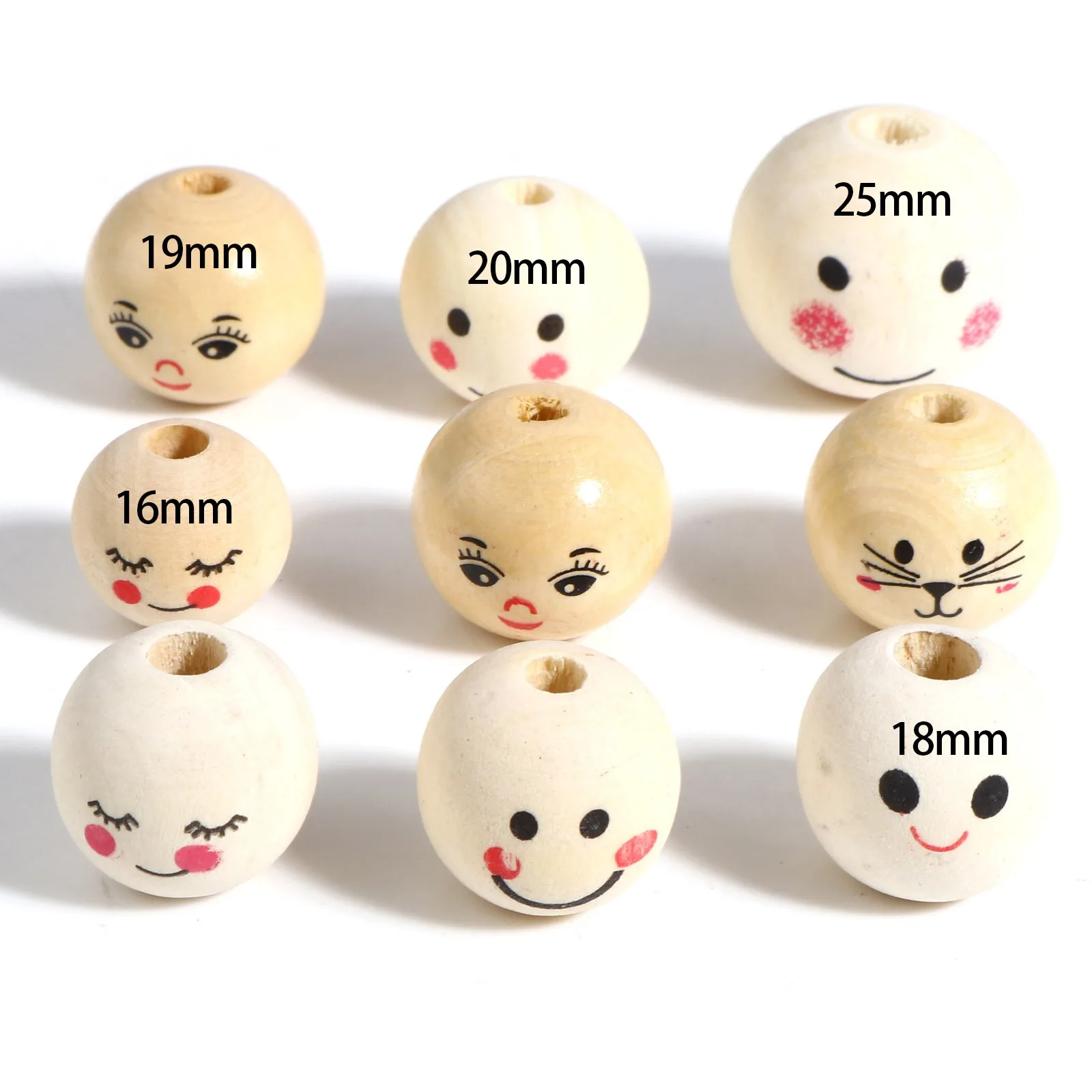 20-50PCs  Wood Spacer Beads Round Ball Beige Smile Pattern Loose Spacer Beads DIY Maing Necklace Bracelets Jewelry 18 19 20 25mm