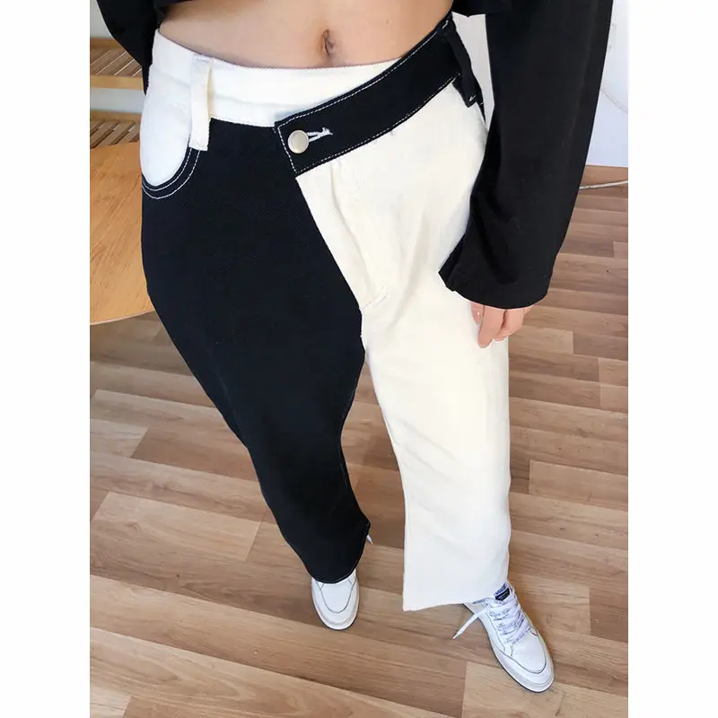 Woman Jeans Pants Black White Stitching Straight Autumn Winter High Waist Baggy Pants Pantalones Vaqueros Mujer