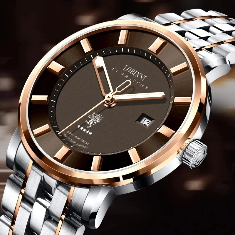 LOBINNI New Top Brand Luxury Two Tone Rose Gold Watches With Date Brown Dial Waterproof Men's Automatic Mechanical Watch