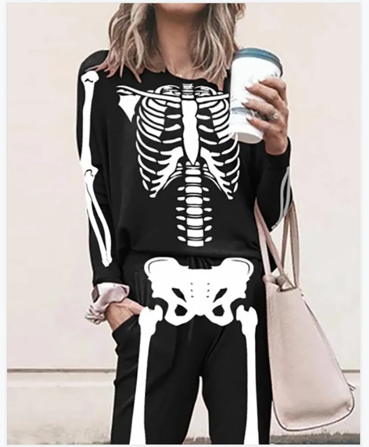 wsevypo Women Halloween Two-piece Pants Sets Autumn Streetwear Black Skeleton Printed Pullover Tops and Harem Pants Female Sets