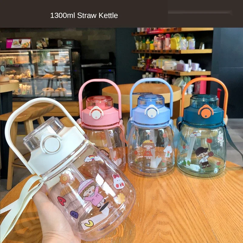 1300ml Large-capacity Plastic Cup Children's Student Strap Water Bottle Male and Female Pot Belly Straw Drinking Cup Bottle