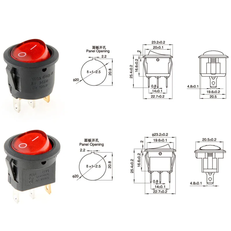 Round Rocker Switch 6A 2/3Gear ON OFF ON Push Button Switch 12V 20A Electric Car Power Switch With Light Red Blue Green Yellow