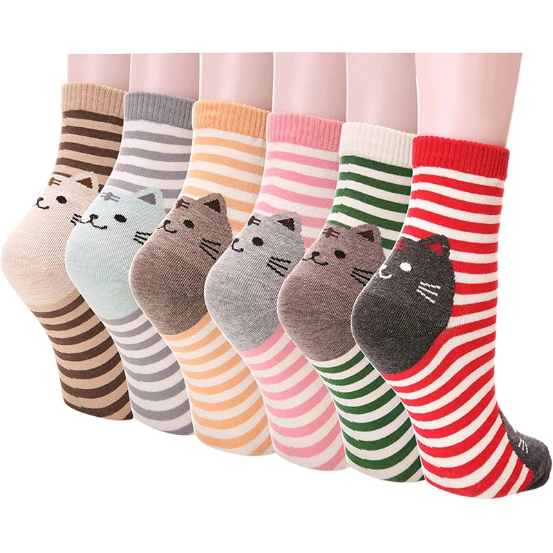 

6 Pairs Socks Cat Party Favors Birthday Gift For Girlfriend Cartoon Animal Cute Casual Cotton Novelty Crew Socks Party Gift For Christmas Favors