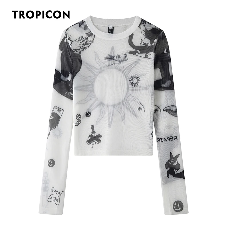 TROPICON White Mesh Top Long Sleeve Tees Basic Tshirt Women Transparent Tight Top Spring Summer T Shirt High Fashion