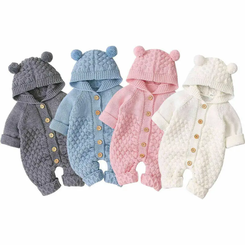 Baby Girls Bear Ear Knit Romper Boys Hooded Newborn Sweater Kids Jumpsuit  Babys Outfit Autumn Winter