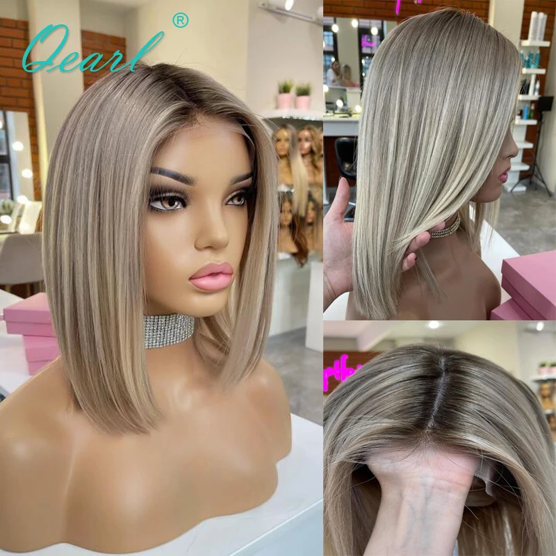 

Lace Front Human Hair Wigs Short Bob Cut HD Lace Frontal Wig for Women Ashy Blonde Light Grey Straight Wigs 13x4 150% Qearl