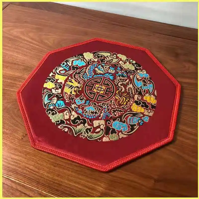 Custom Chinese Anti-slip Waterproof Octagonal Placemats High precision Silk Satin Tableware Vase Bowl Plate Pads Table Mats