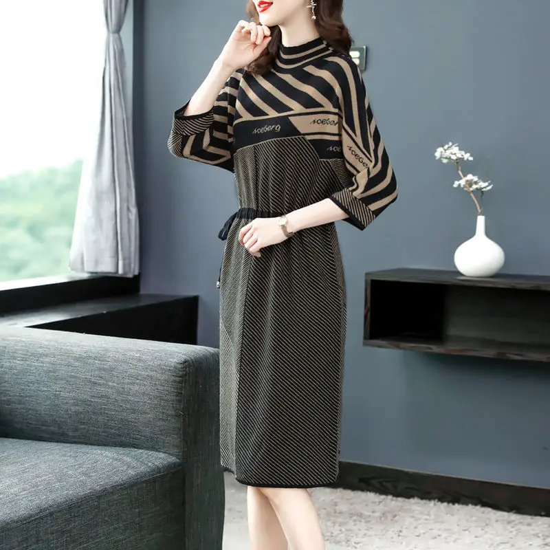 Elegant Knitting Sweater Vintage Dress For Women 2024 Autumn New Turtleneck Striped Three Quarter Knee-Length Lady Vestidos