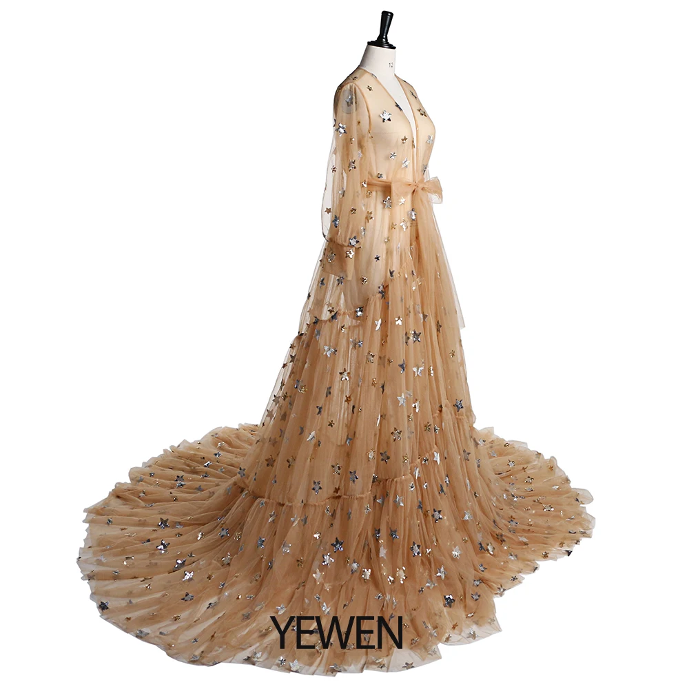 Elegant Sparkle Stars Long Sleeves See Through Maternity Robe Photo Shoot Dress Evening Gown for Baby Shower Plus Size YD210425