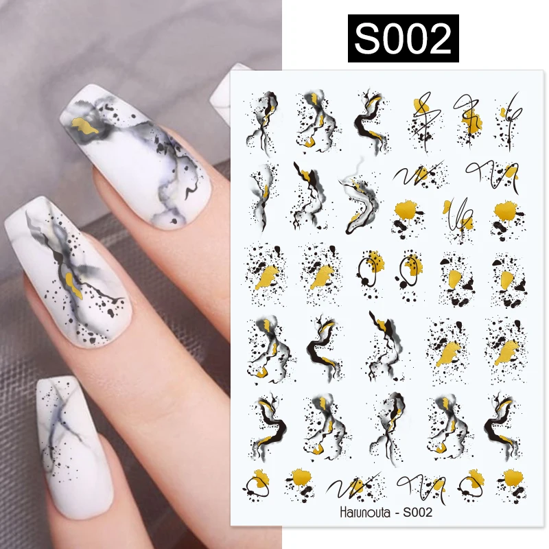 Harunouta Blooming Ink Marble 3D Nail Sticker Decals Leaves Heart Transfer Nail Sliders Abstract Geometric Line Nail Water Decal