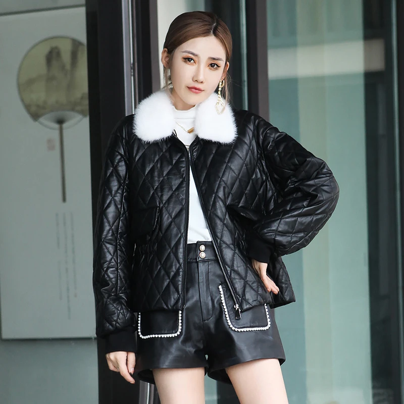 AYUNSUE Winter Genuine Sheepskin Leather Jacket Women's Real Mink Fur Collar Down Coat Slim Short Down Jackets Casaco Feminino