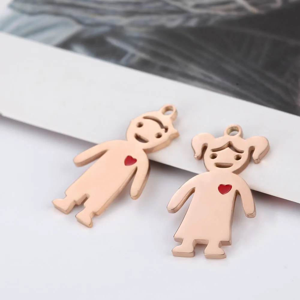 MYLONGINGCHARM 10pcs per lot Kids Charms Boy Girl Pendant Stainless Steel Key Chain Tags  15x26mm Steel Rosegold color