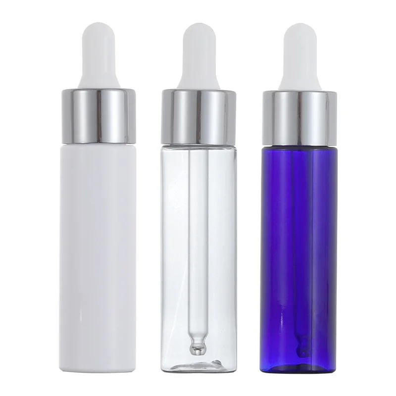 

50pcs Plastic Essential Oil Bottle Empty Silver Ring 30ml White Top Clear Blue Cosmetic Packaging Containers Dropper Bottles