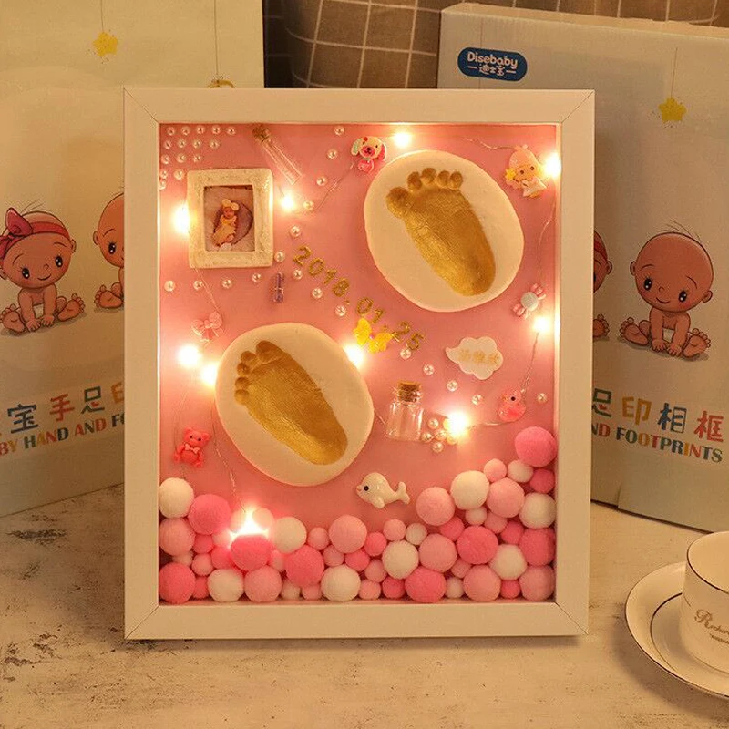 

3D DIY Baby Hand Print and Footprint Soft Clay Photo Frame For Newborn Milestone Cards Infant Hand Casting Kit Baby Souvenir Set