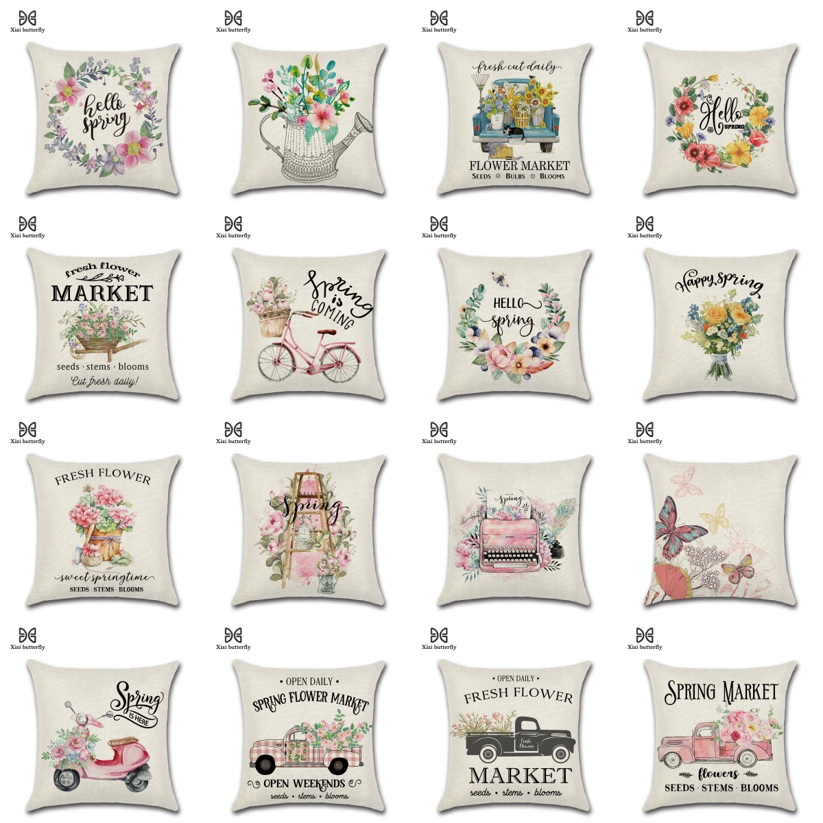 2023 New Hello Spring Floral Butterfly Cushion Covers Bike Flowers Creative Linen Pillowcase Decorative Sofa Couch Throw Pillows