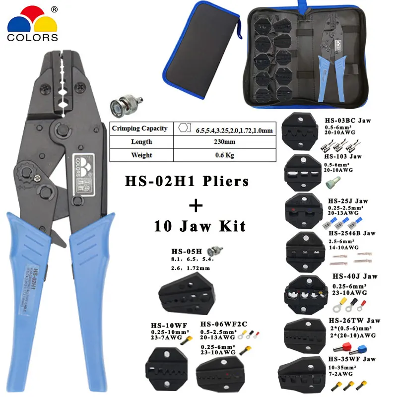 

Crimping pliers wire stripper multifunction tools HS-02H1/02H2 kit 10 jaw for insulation non-insulation tube pulg Pliers tools