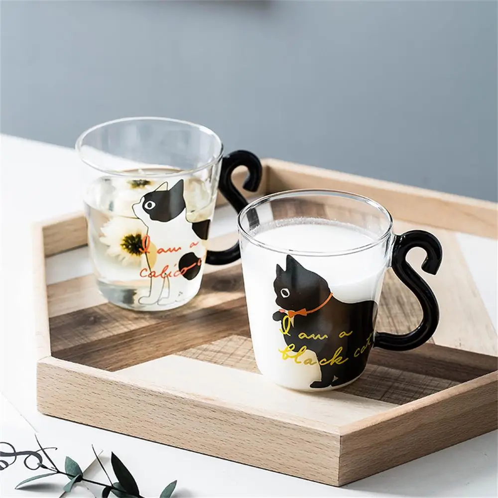 250 ml Cute Black Cat Glass Coffee Mug Set Handgrip Animal Shaped Milk Water Juice Mugs Tea Cup Japanese Style Kawaii Gift Home