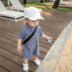 Summer Cute Baby Jumpsuit Thin Children'S Clothing Pocket Buttons Striped Denim One-Piece Clothes Boys Girls Toddler Kids Romper