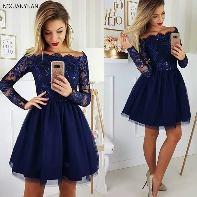 

Elegant Boat Neck Off The Shoulder Prom Dress with Beads Lace Applique Zipper Back Knee-Length Cocktail Dress Family Part Dress
